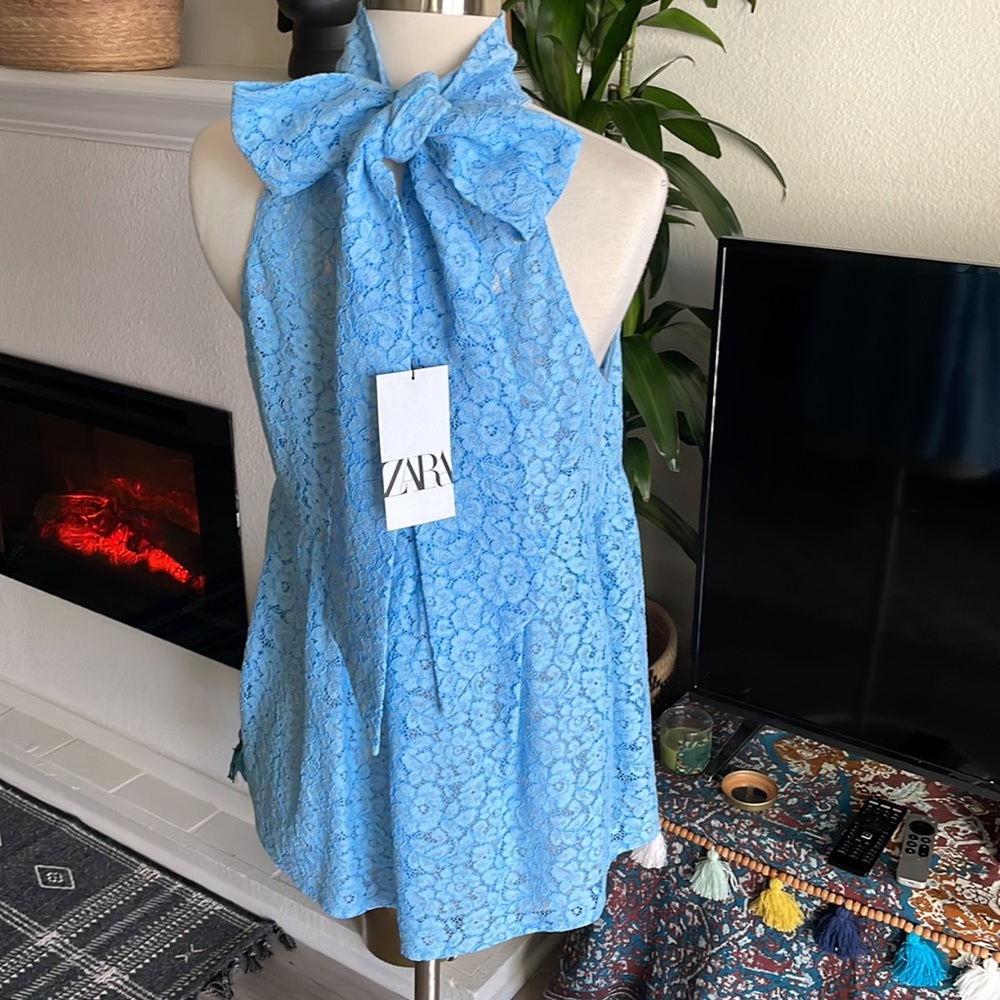 Zara tie-neck blue lace blouse NWT - Picture 10 of 10